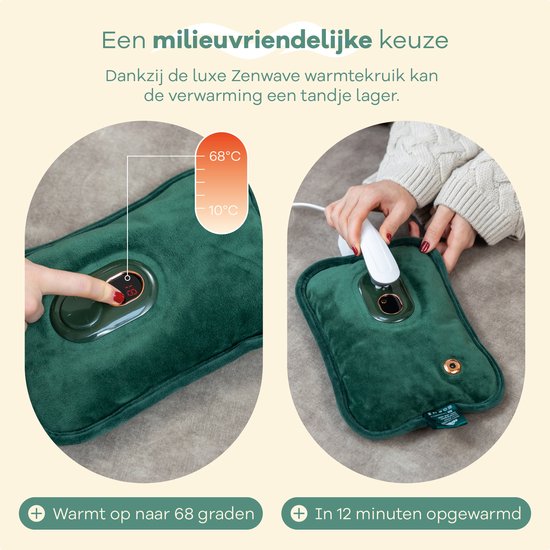 Zenwave Elektrische Wärmflasche mit Hülle – Digitalanzeige – Wärmflasche & Wasserflasche mit Handwärmern – Wiederaufladbares Wärmekissen – Menstruations-Wärmeband – Langlebig & kabellos – Camping & Outdoor – Wärmflasche, grün