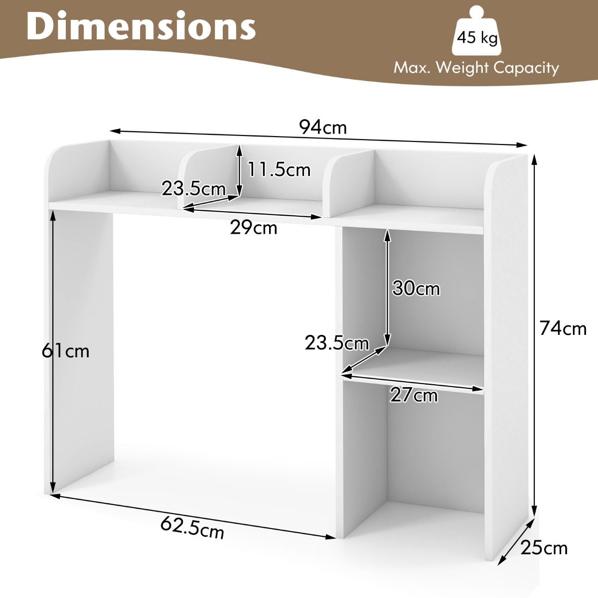 Coast Schreibtischregal – Tischregal mit 4 Einlegeböden – Offenes Aufbewahrungssystem – Weiß – 94 x 25 x 74 cm
