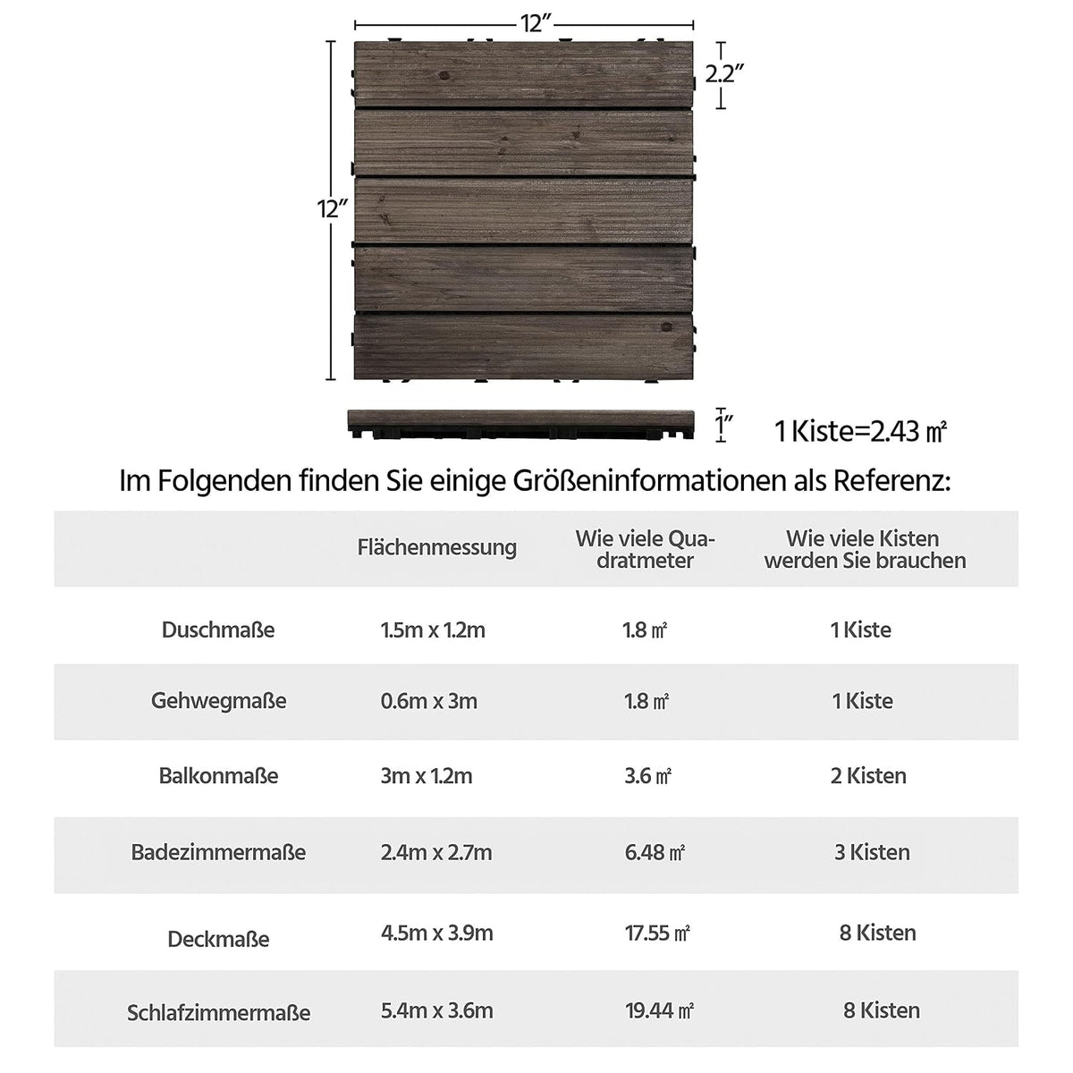 Yaheetech Terrassenfliesen aus Holz 30 x 30 cm – 27 Stück – 2,6 m² – Schwarz