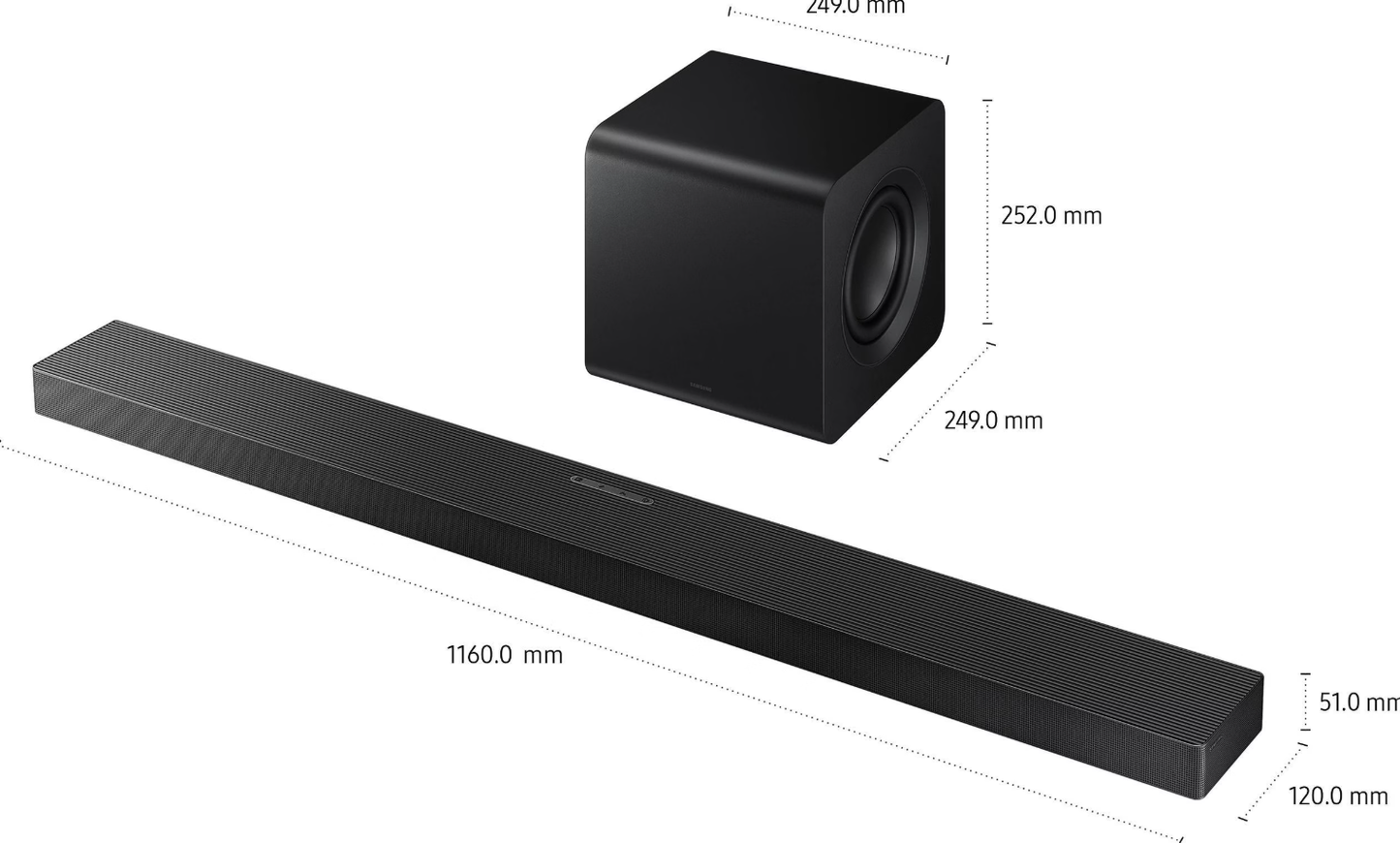 Samsung - Q-Series Soundbar & Wireless Subwoofer - HW-QS700F - Cinematic Dolby Atmos - Q-Symphony & SpaceFit Sound - Schwarzes Metall & Kunststoff