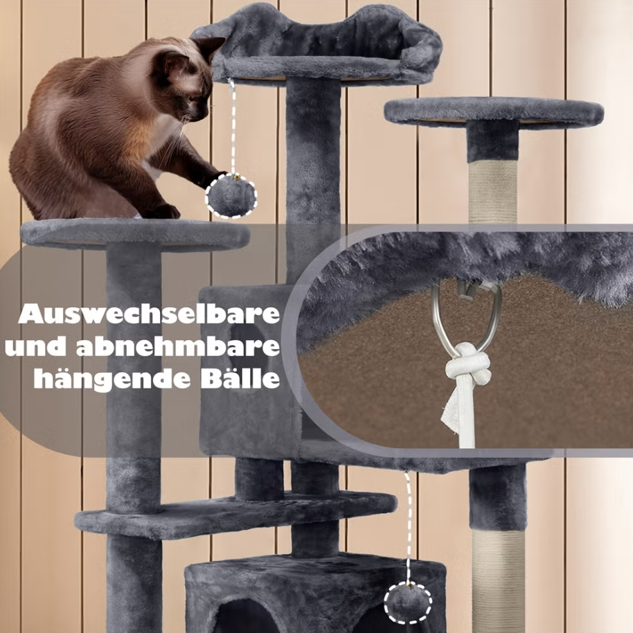 Yaheetech Kratzbaum - 3 Aussichtsplattformen - 2 Katzenhöhlen - 49 x 49 x 139 cm - Dunkelgrau