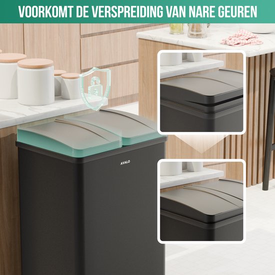 Avalo Mülleimer Abfalltrennung 60 Liter - Edelstahl Schwarz - 2 Fächer - Umweltbewusst, Hygienisch & Fingerabdruckfrei - Treteimer / Mülleimer