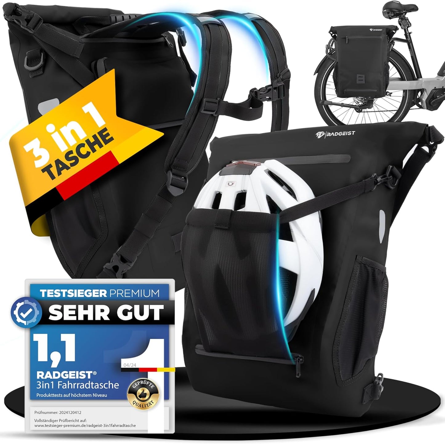RADGEIST 3 in 1 Fahrradtasche - Für Gepäckträger - 18-22L - 100% wasserdicht - Schwarz