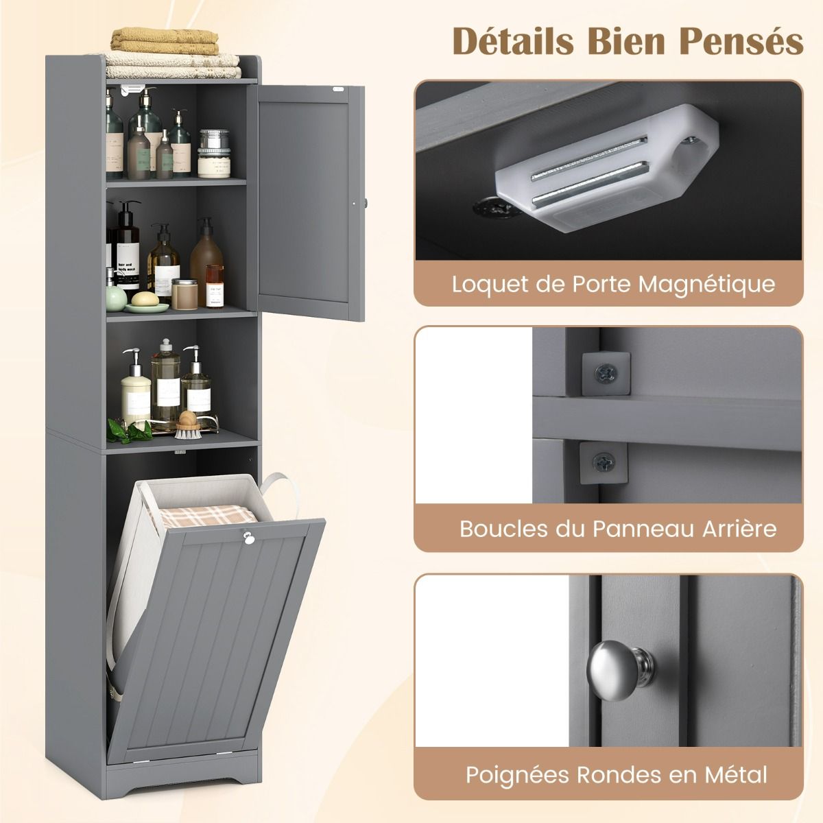 coast hoher Badezimmerschrank 170 cm grau - schmale Wäschesäule mit Wäschesack und verstellbaren Einlegeböden