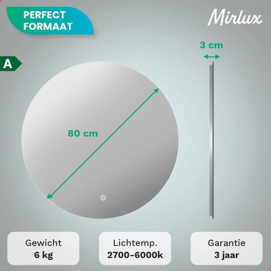 Mirlux Badezimmerspiegel mit LED-Beleuchtung & Heizung - Wandspiegel rund - Anti-Kondensations-Duschspiegel - 80CM