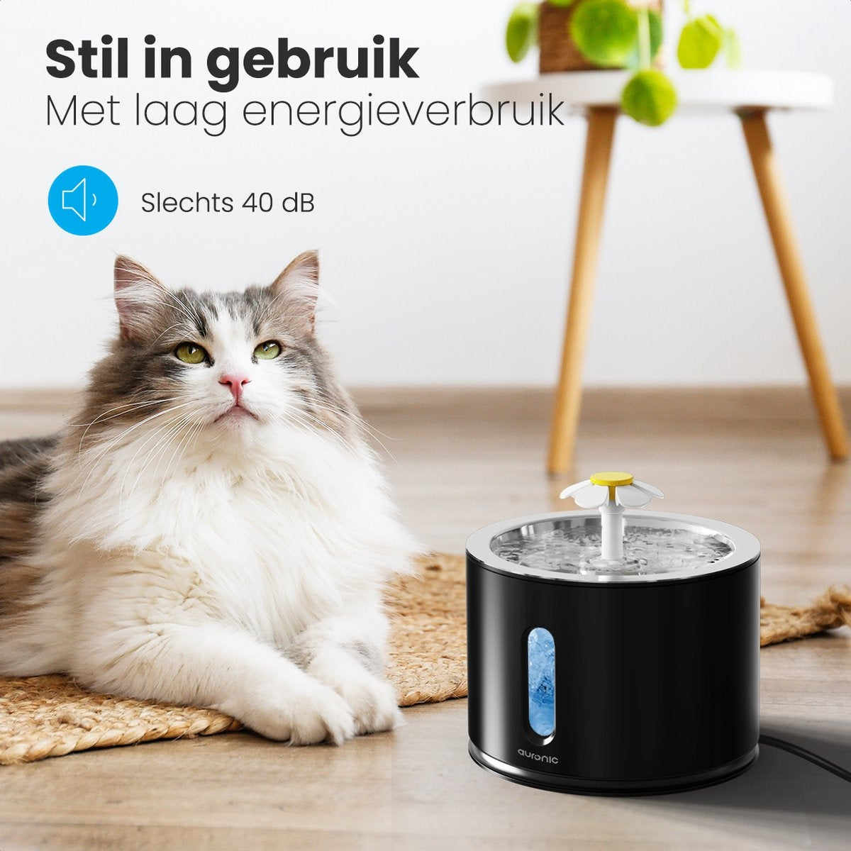 Auronic Trinkbrunnen - Wasserbrunnen für Katzen und Hunde - 2.4L - Tiertränke - Inkl. 3 Filter und 2 Bürsten - Schwarz