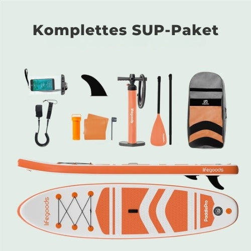 LifeGoods PaddlePro SUP Board - Aufblasbares - Komplettset - Max. 135KG - 320x81cm - Weiß/Orange