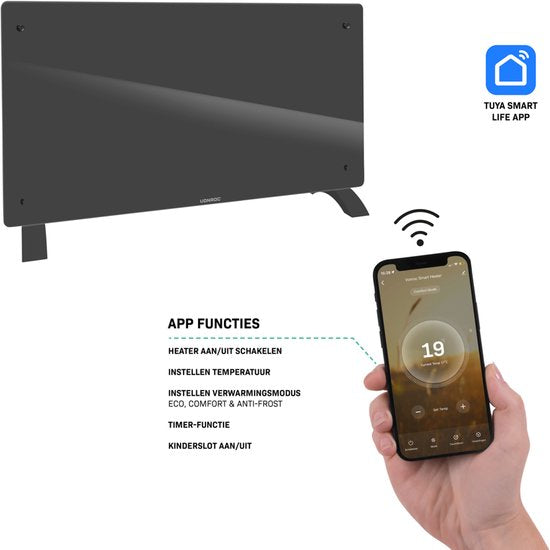 VONROC Luxury electric heater - Konvektorheizung mit Glasscheibe - 1250W/2500W- Beheizt Räume bis zu 30m2 - Gesteuert sowohl mit App (über Wifi) als auch manuell - Einstellbarer Thermostat und Timer - Grau