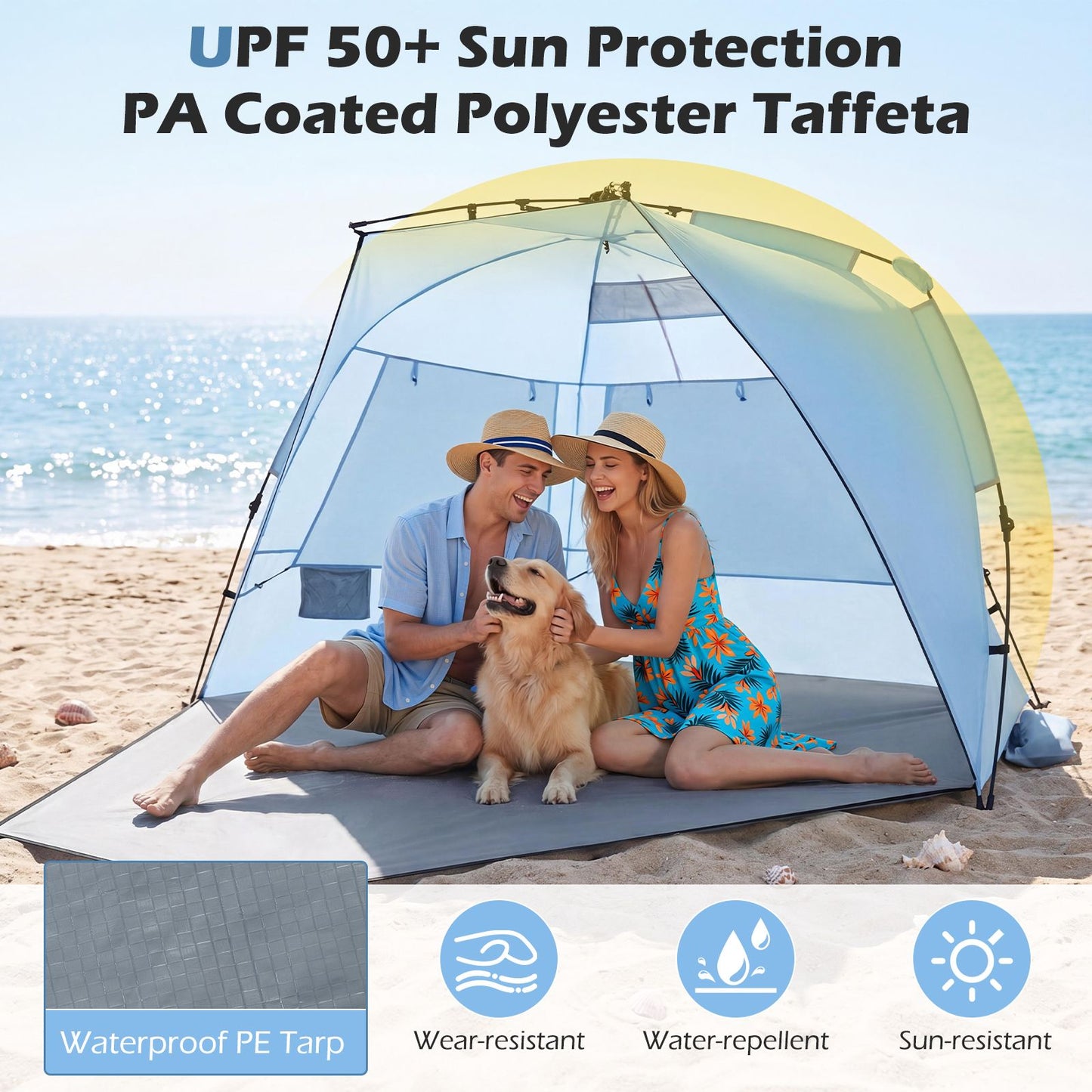 Coast Pop-up-Strandzelt für 3–4 Personen – Grau/Blau – 278 x 140 x 142 cm – inkl. Tragetasche, Heringe und Sandsäcke