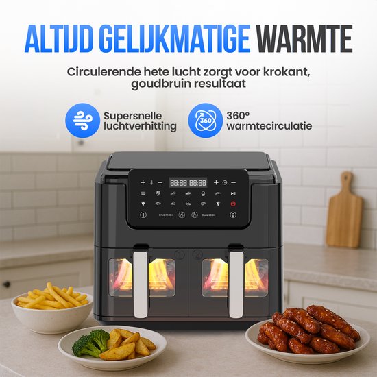 Strex Airfryer XXL - 10L - 2500W - Heißluftfritteuse - Double Airfryer - 50ºC bis 200ºC - 10 Kochprogramme - Schwarz