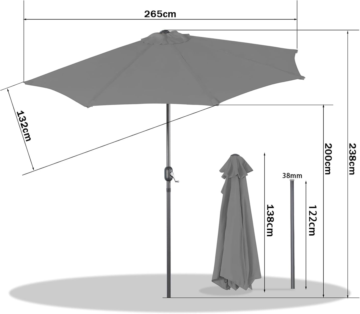 Angel Living Balkon-Sonnenschirm - halbrund - 265 x 130 cm - Grau