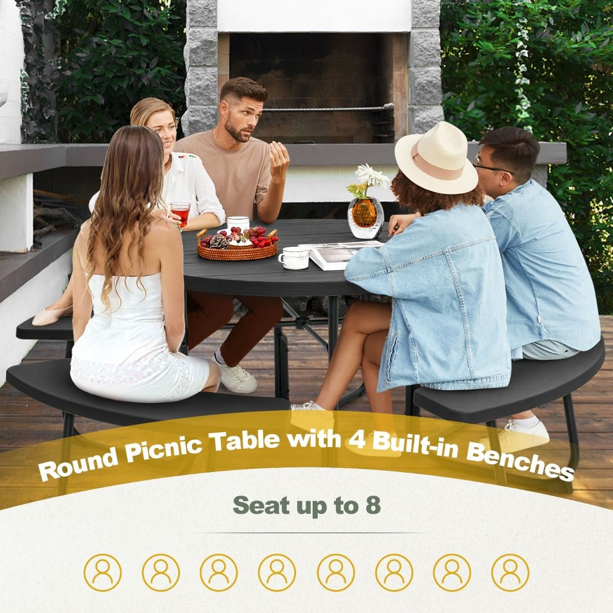 Coast Picknicktafel met 4 Banken - Rond - 8 Personen - Max. 225 kg per Bank - Ã˜190cm x 76 cm - Zwart