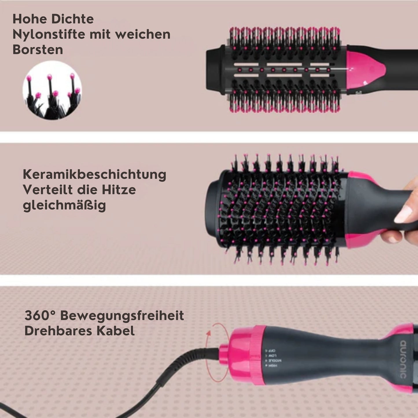 Auronic 3-in-1 Haartrocknerbürste - Rund - Lang/Kurz/Style/Locken - Schwarz/Pink