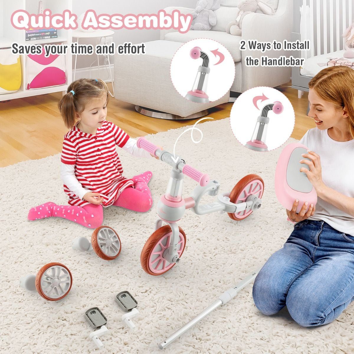 Coast Kids Rad 4-in-1 Vorschalenrad mit Elterngriff 37 x 72 x 101 cm rosa