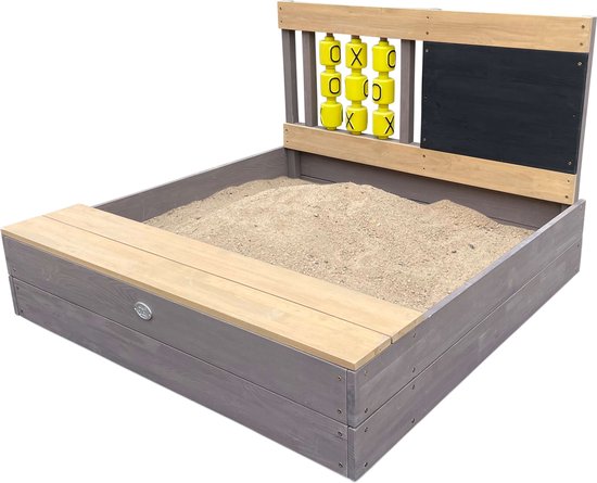 AXI Kitty Sandkasten mit „Butter-Käse-und-Eier“-Motiv, grau/braun – Mit Sitz – Inklusive Abdeckplane und Bodenplane – FSC-zertifiziertes Holz