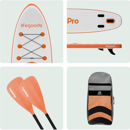LifeGoods PaddlePro SUP Board - Aufblasbares - Komplettset - Max. 135KG - 320x81cm - Weiß/Orange