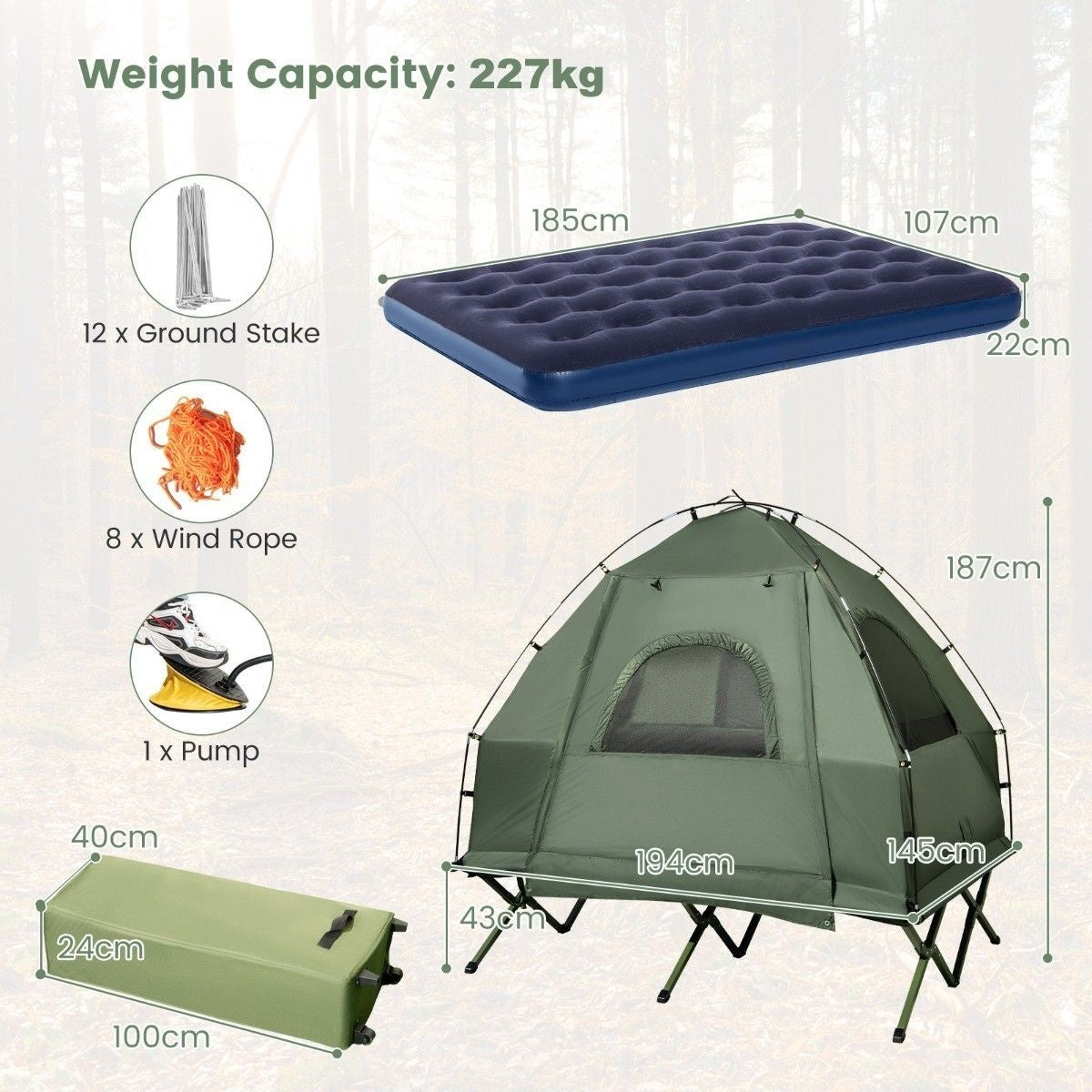 Coast 5-in-1 Campingzelt - Sonnenschutz & Nässeschutz - Inkl. klappbarem 2-Personen-Bett - 194 x 145 x 187 cm - Grün
