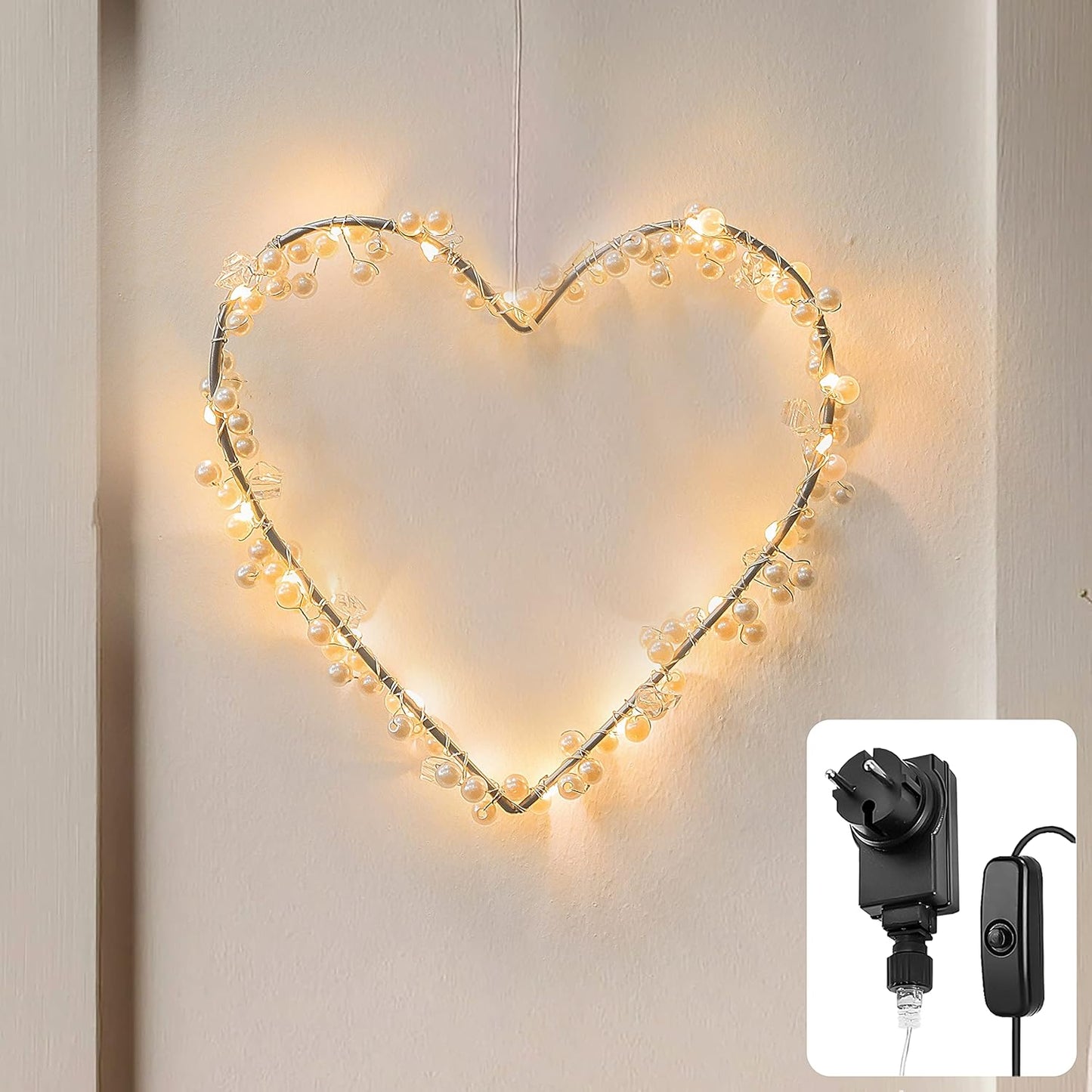 CozyHome LED-Lichterkranz in Herzform - 100 V - 240 V - Warmweiß - Silber - 17 x 18 x 4,5 cm