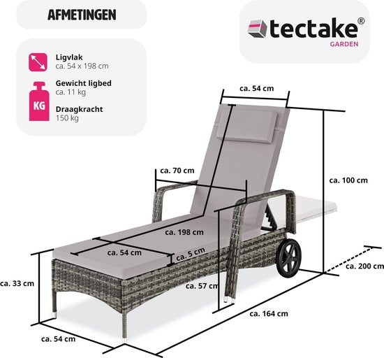Tectake - Liegestuhl - Geflochten - verstellbare Rückenlehne - 200 x 70 x 33 cm - 404588 - grau