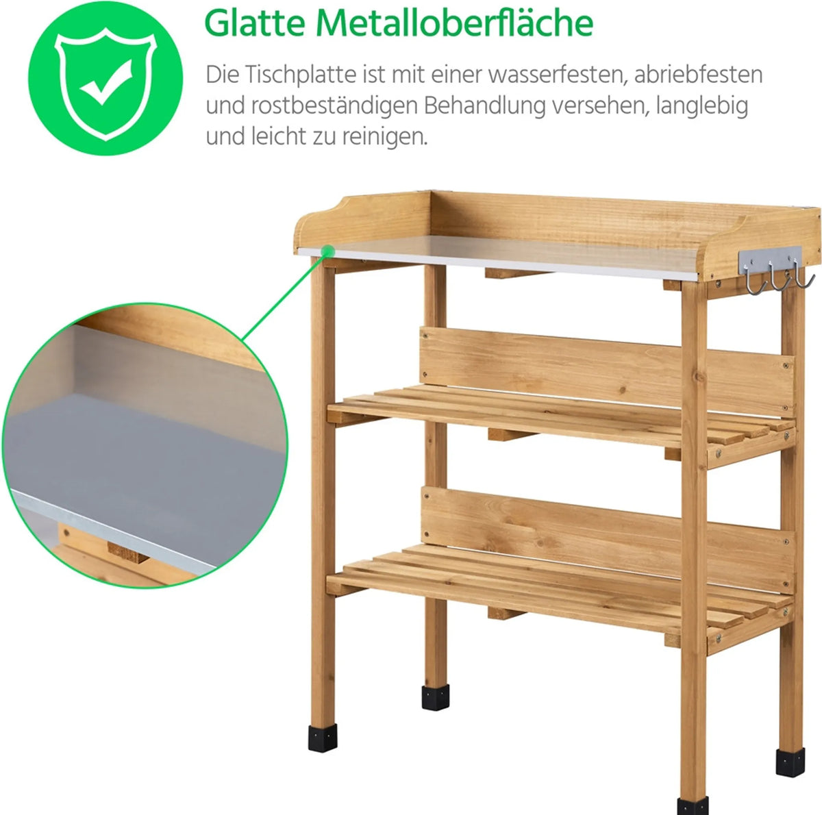 Gartentisch für den Außenbereich mit verzinkter Arbeitsplatte, 3 Regalböden und 3 Haken, in Holzoptik