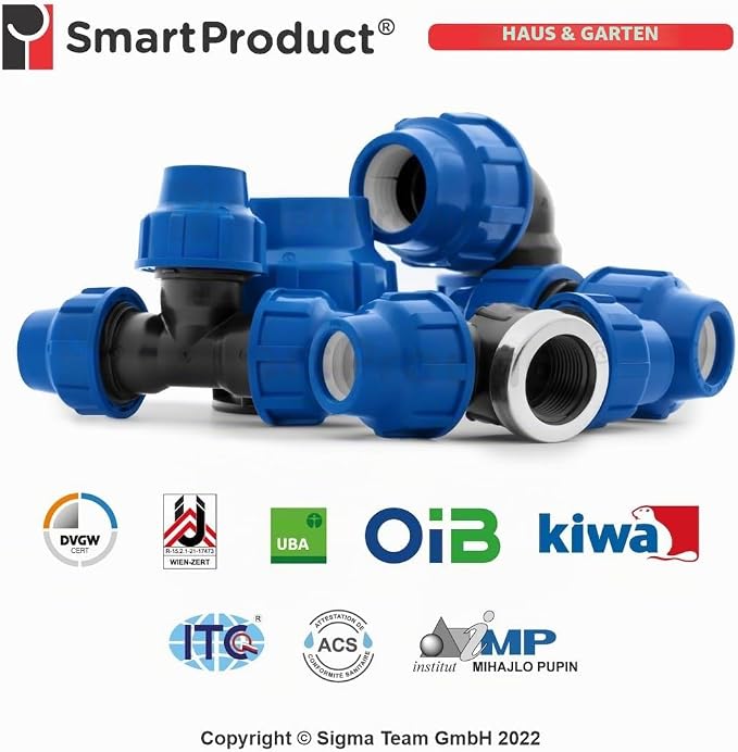 SmartProduct PE-T-Stück-Verbindungsstück – 20 x 20 x 20 mm – PN16 – DVGW-zertifiziert für Trinkwasser – PP – Schwarz/Blau