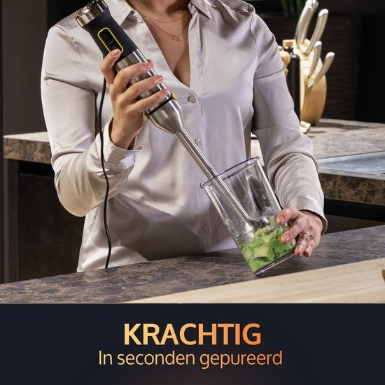 JAP Appliances ForceBlend F1 - Stabmixer-Set (1200 W) mit Messbecher - 21 Geschwindigkeitsstufen - Für Suppen, Fleisch, Smoothies und Babysnacks - Schwarz/RVS