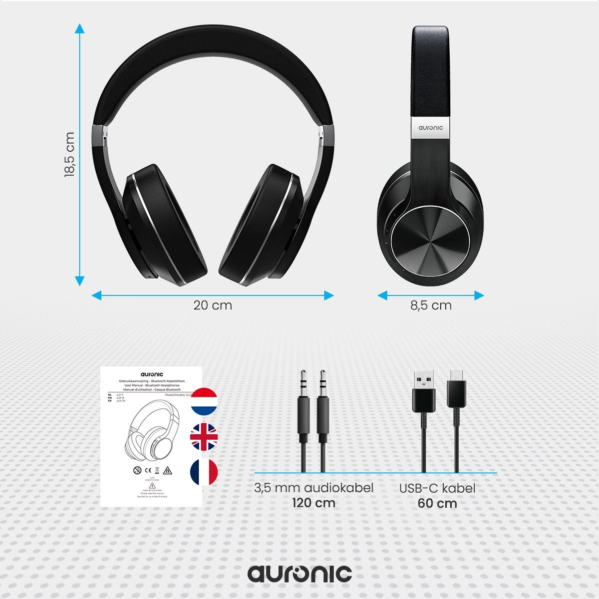 Auronic QuietSound Bluetooth-Kopfhörer kabellos - Over-Ear - aktive Geräuschunterdrückung - Mikrofon - inkl. Tragetasche - Schwarz