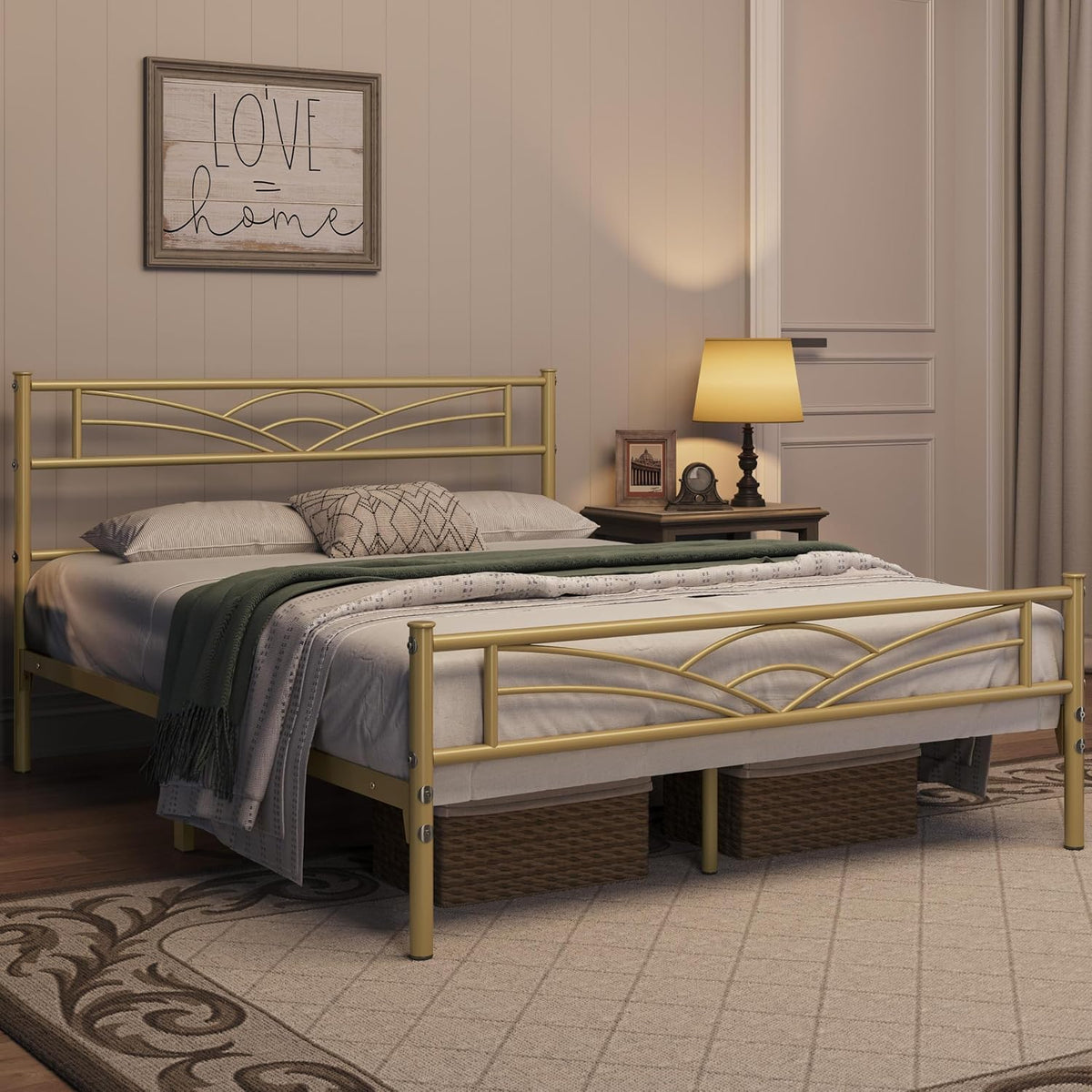 Yaheetech Metall-Bettgestell 140 x 200 cm – Antikgold – Modernes Jugendbett mit Lattenrost und großzügigem Stauraum