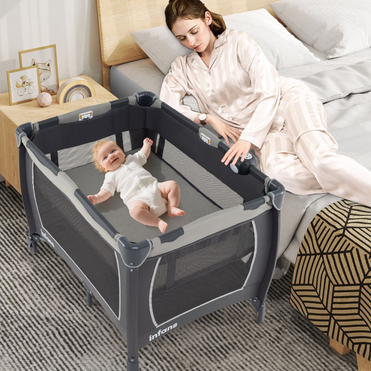Coast 5-in-1-Reisebett für Babys – Zusammenklappbares Babybett mit Wickeltisch und Aufbewahrungskorb – Inklusive Tragetasche – Grau