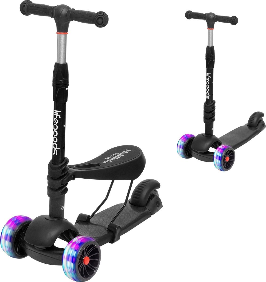 LifeGoods MultiRider Kids' Scooter - Stufe 3-8 Jahre - Verstellbarer Sitz - Leuchtende Räder - Jungen/Mädchen - Schwarz