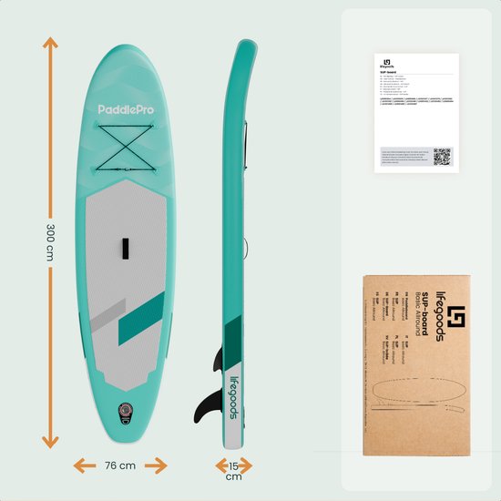 LifeGoods SUP Board All-round Compact - mit Sitz - 100 KG Tragfähigkeit - 300 x 76 cm - Aufblasbar - Komplettes SUP Paket - Mintgrün