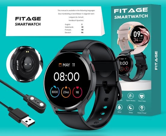 FITAGE Sportuhr - Smartwatch - Schrittzähler Uhr - Smartwatches - Activity Tracker - GPS - Frauen und Männer - Schwarz