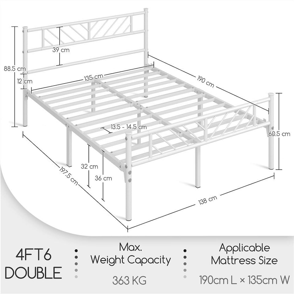 Yaheetech Metallbettgestell im minimalistischen Stil 197,5 x 138 x 88,5 cm – Weiß