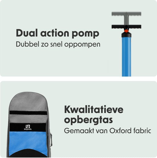 LifeGoods PaddlePro SUP Board - mit Sitz - Aufblasbares Paddle Board - Komplettset - Max. 135KG - 320x81cm - Weiß/Himmelblau