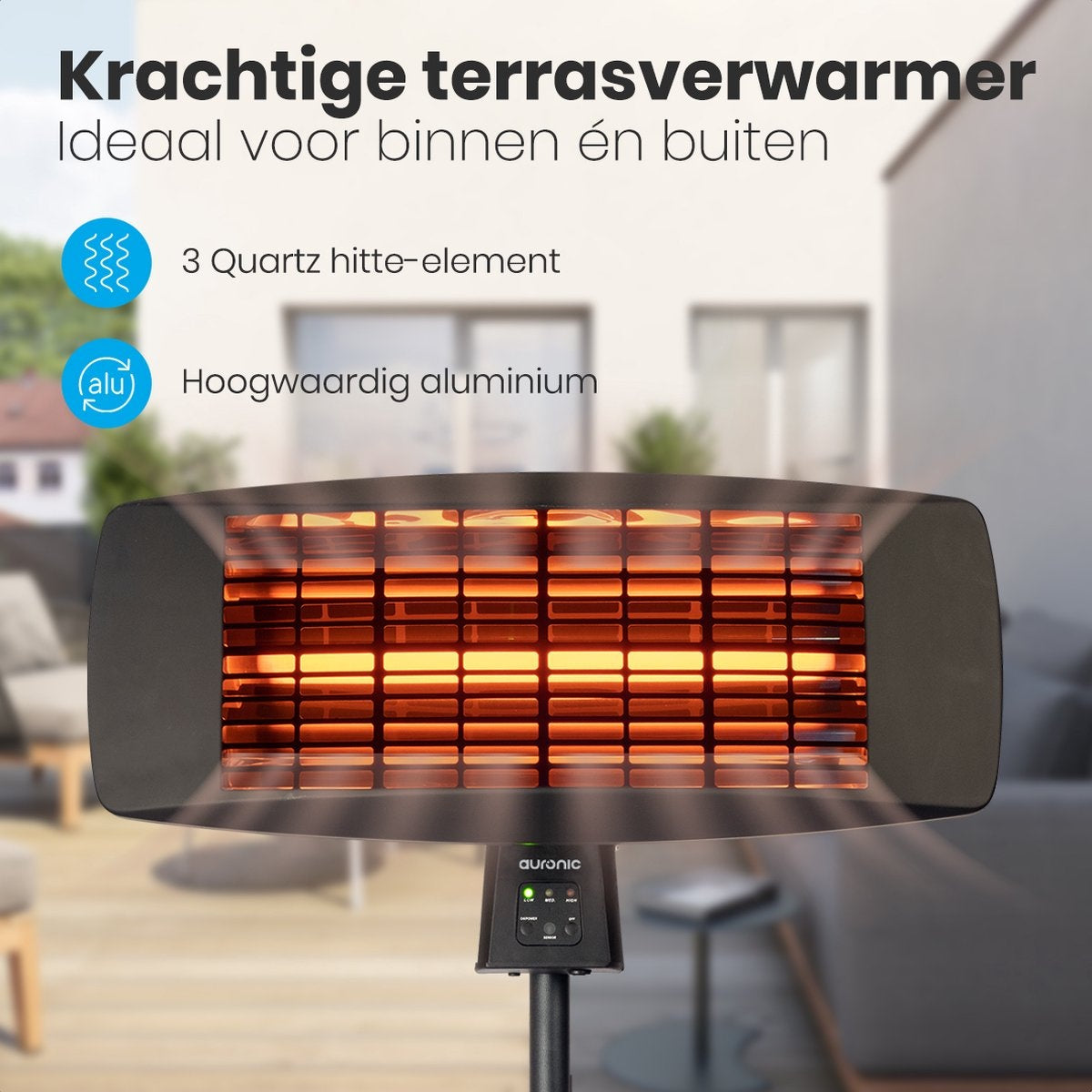 Auronic Terrassenheizer - 2000W - Hängeleuchte und Standfuß - Inkl. Fernbedienung - 3 Stufen - Schwarz