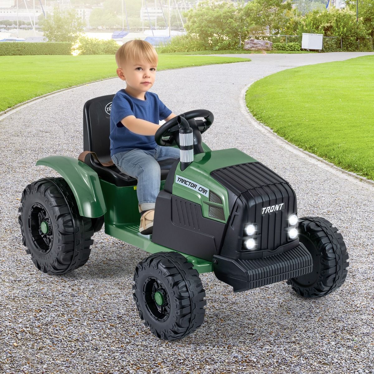 Coast Elektrischer Kindertraktor mit Anhänger – Doppelmotor – Fernbedienung – Dunkelgrün