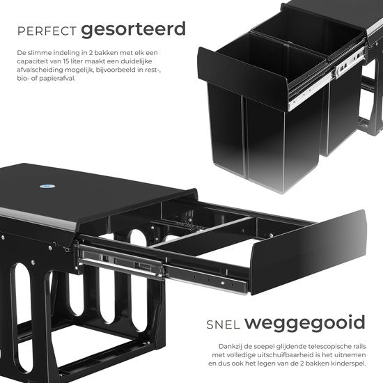 tectake Abfallsammler - Einbau-Abfallsammler - Mehrfache Mülltrennung - Effiziente Aufräumlösung für Küche und Büro - Doppel-Abfallsammler mit Teleskopschienen - 2x 15L