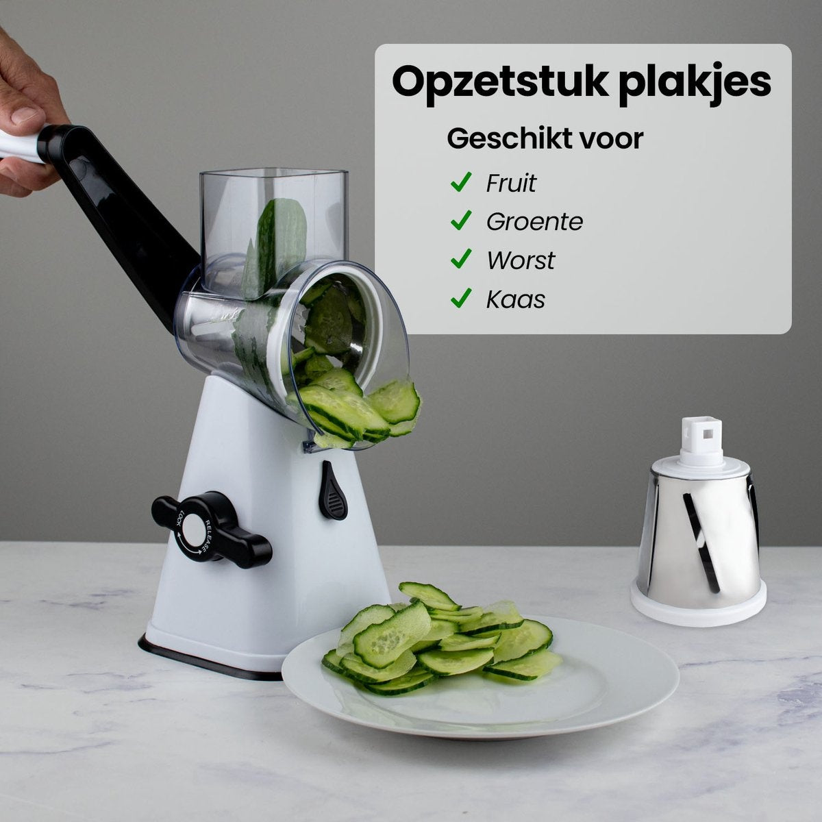 Nimma Trommelreibe - Inklusive 3 Aufsätzen und Spiralschneider - geeignet als Käsereibe und Reibe - Weiß