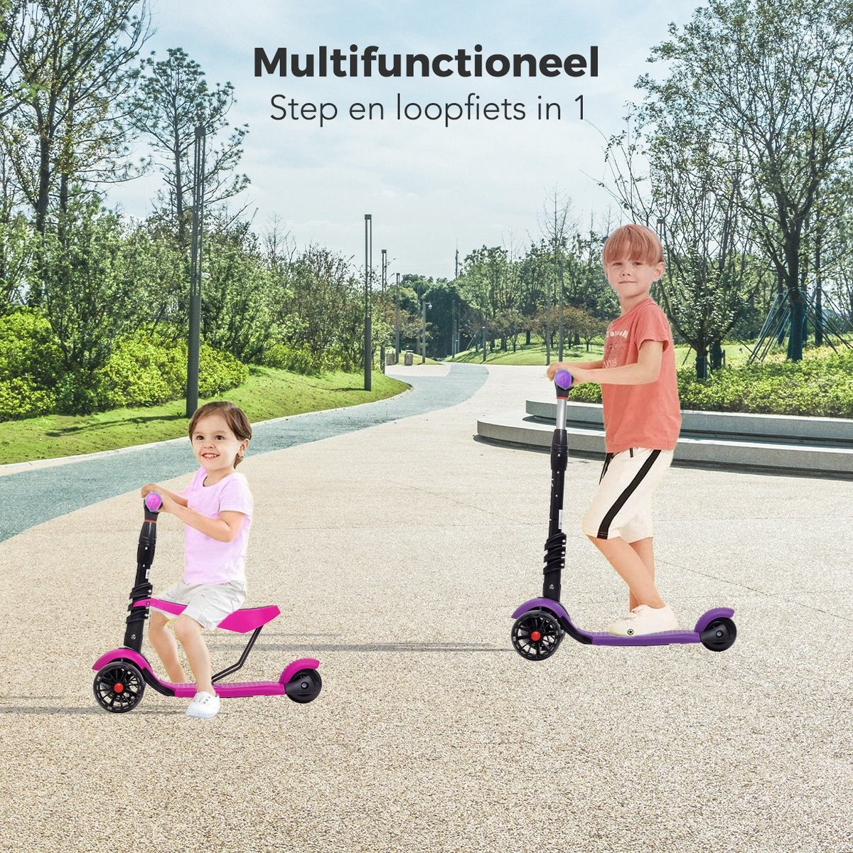 LifeGoods MultiRider Kinder-Roller - Stufe 3-8 Jahre - verstellbarer Sitz - leuchtende Räder - Jungen/Mädchen - Pink