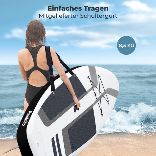 LifeGoods SUP Board - Deluxe Set - Mit Sitz - Aufblasbares Paddle Board - Max. 135KG - 320x81cm - Weiß