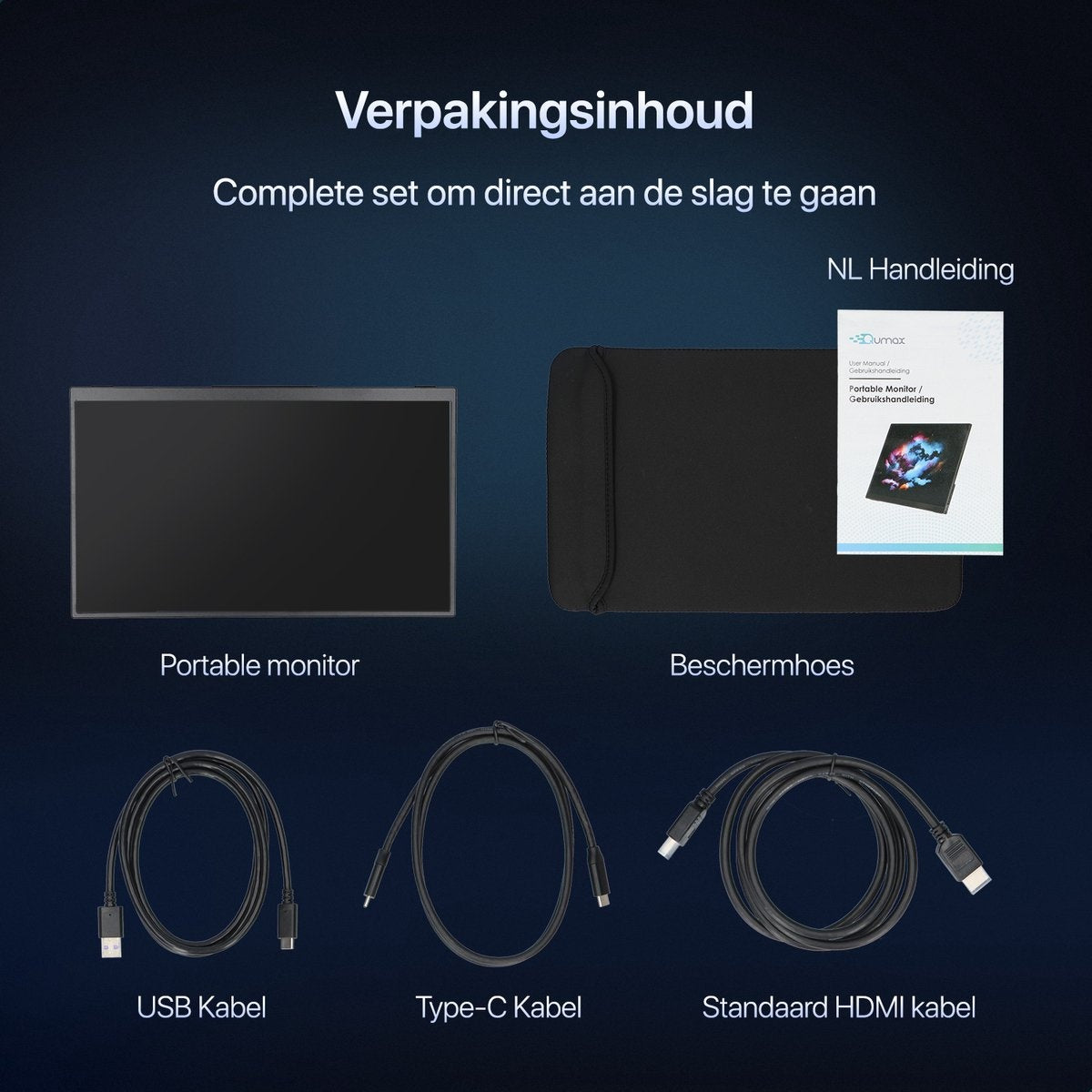 Qumax Tragbarer Monitor - 15,6-Zoll-Tragbarer Monitor - Full HD - HDMI & USB-C - Inklusive Hülle & Standfuß - Multifunktional - Integrierte Lautsprecher