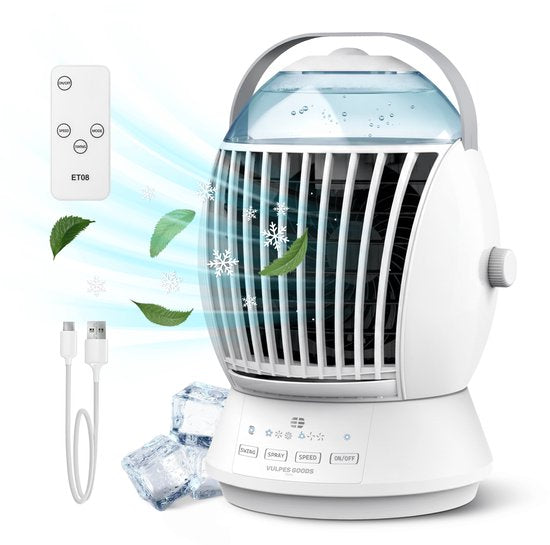 Vulpes Goods® Tech – Mini-Klimaanlage ELITE – Mobiler Luftkühler mit Fernbedienung – 6-in-1-Luftkühler – 3 Luftbefeuchtungsstufen mit Schwenkfunktion – 3 Windgeschwindigkeiten – 100 % auslaufsicher – Inkl. Kabel und Adapter im Lieferumfang enthalten – Für