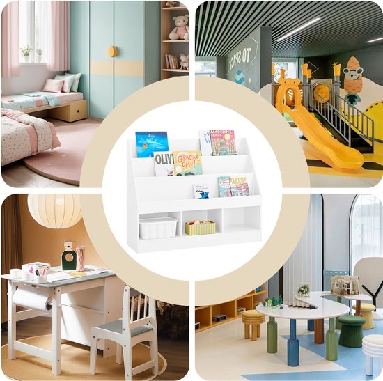 SoBuy Montessori KMB118-W Bücherregal für Kinder, Kinderregal mit 3 Ablagefächern und Spielzeugregal, Kinderzimmer, Bücherregal und Spielzeugregal, weiß, 100 x 80 x 30 cm
