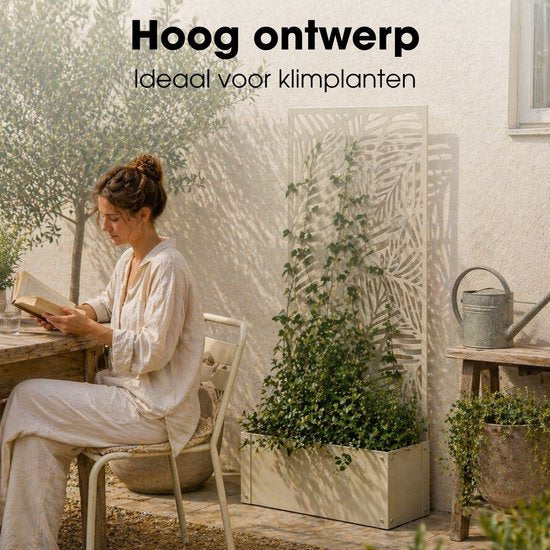 Mica Decorations Sapri Pflanzenstütze – Pflanzkübel mit Klettergitter für Kletterpflanzen – Pflanzenständer, freistehend oder an der Wand – 57,5 x 21 x 118 cm – Off White