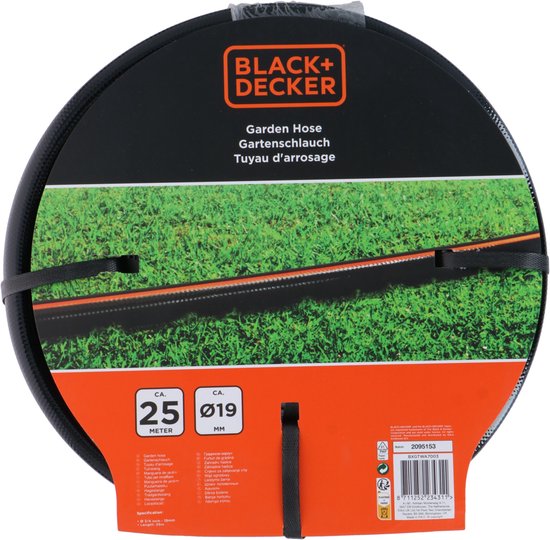 BLACK+DECKER Gartenschlauch 25 Meter - ⌀19MM - Strapazierfähiges PVC - Gartenbewässerung, Autowäsche, Poolbefüllung - Passend für jeden Standard-Wasserhahn - Schwarz/Orange