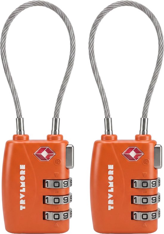 TRVLMORE Kofferschloss, lang – TSA-Reiseschloss – Schloss – 3-stelliges Vorhängeschloss – 14 cm Kabelschloss – 2 Stück – Zahlenschloss – Orange