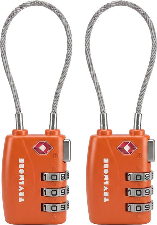 TRVLMORE Kofferschloss, lang – TSA-Reiseschloss – Schloss – 3-stelliges Vorhängeschloss – 14 cm Kabelschloss – 2 Stück – Zahlenschloss – Orange