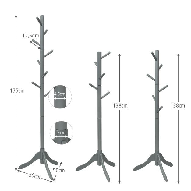 Kleiderständer mit 8 Haken 175 cm Holz Höhenverstellbar Kleiderständer für Schlafzimmer Wohnzimmer Grau/Braun/Schwarz