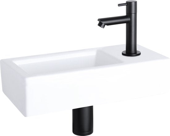 Differnz Helios Waschtisch-Set – 37,5 × 18,5 × 9,5 cm – Rechteckig – 1 Hahnloch rechts – Gerader, mattschwarzer Wasserhahn – Weiß