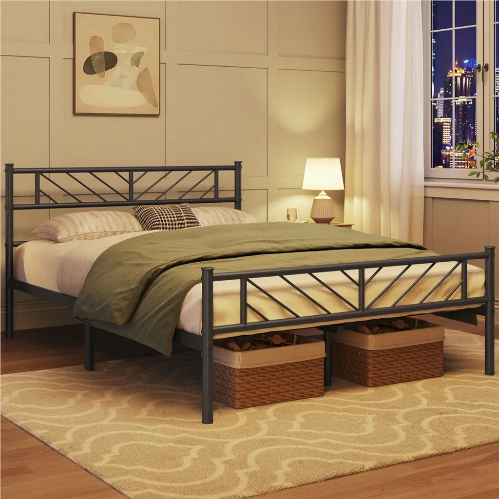 Yaheetech Metallbettgestell 140 x 200 cm – Schwarz – Doppelbett mit Lattenrost und hohem Kopfteil